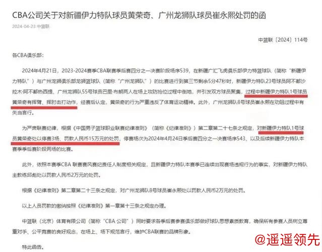 CBA罚单：黄荣奇停赛3场罚款15万 崔永熙罚2万